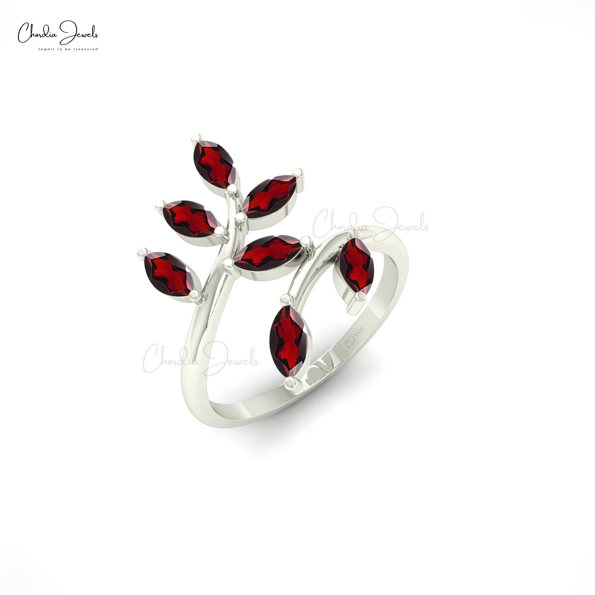 Marquise Leaf Style Ring In Real 14k Gold Red Garnet 7 Stone January Birthstone Ring