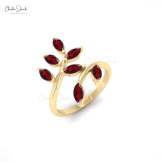 Marquise Leaf Style Ring In Real 14k Gold Red Garnet 7 Stone January Birthstone Ring