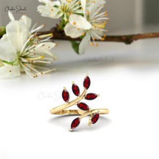 Marquise Leaf Style Ring In Real 14k Gold Red Garnet 7 Stone January Birthstone Ring