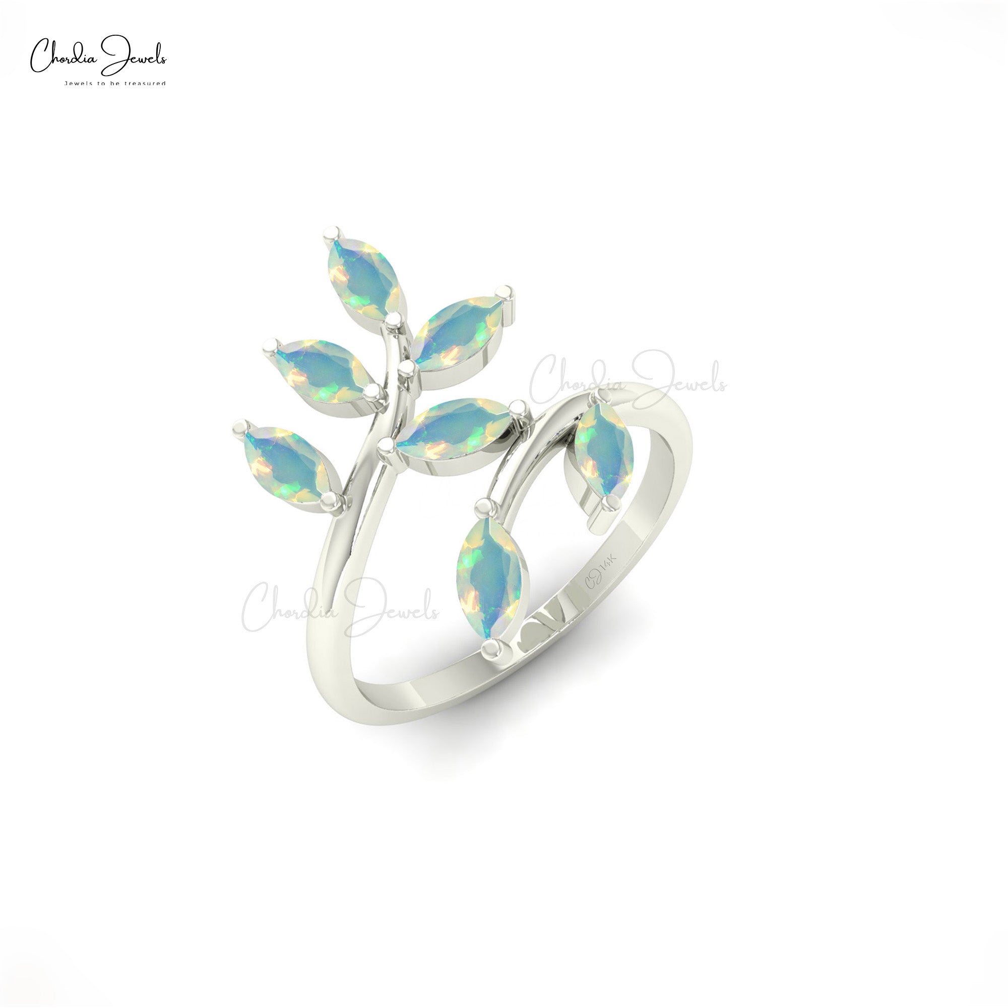 Leafy Style Marquise Cut Ring With 1.19 Ct Fire Opal 7 Stone Ring In 14k Real Gold