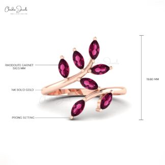 Natural Rhodolite Garnet Leaf Ring In Solid 14k Gold Seven Stone Hallmarked Women Jewelry