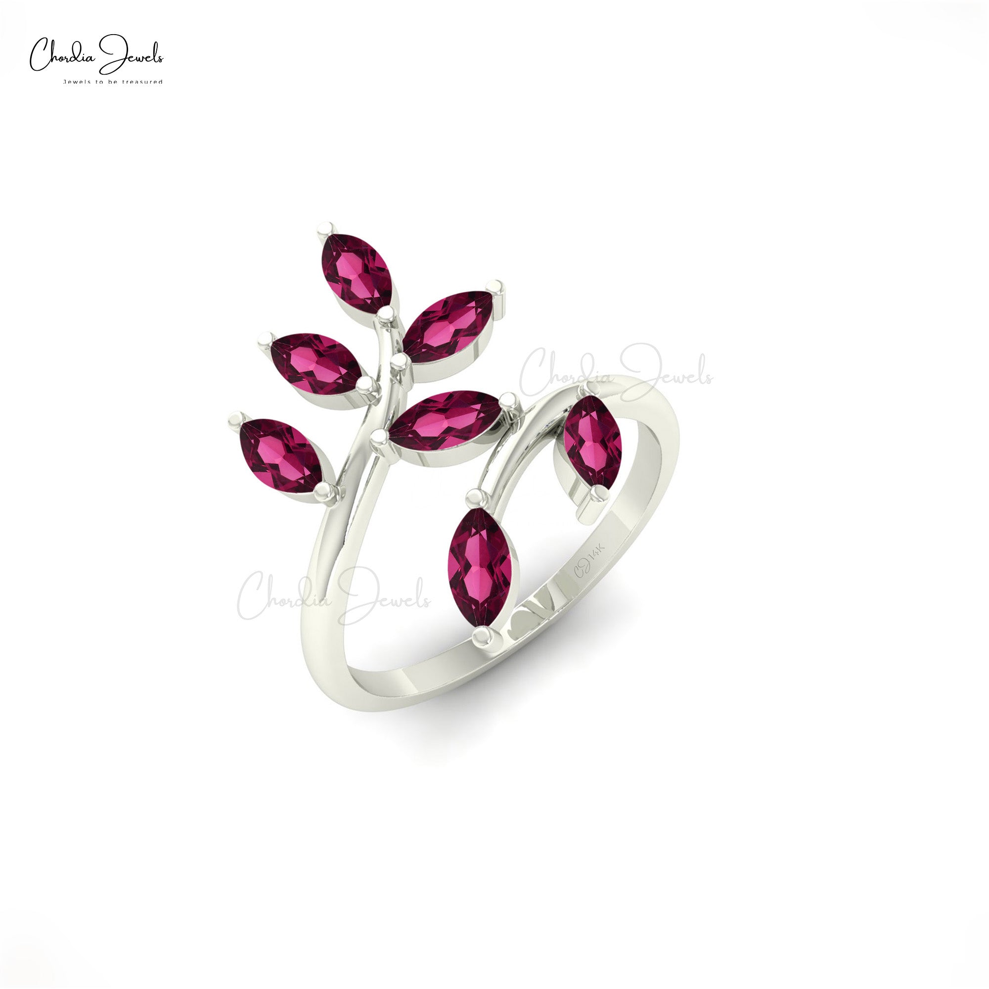 Natural Rhodolite Garnet Leaf Ring In Solid 14k Gold Seven Stone Hallmarked Women Jewelry