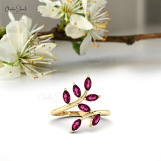 Natural Rhodolite Garnet Leaf Ring In Solid 14k Gold Seven Stone Hallmarked Women Jewelry