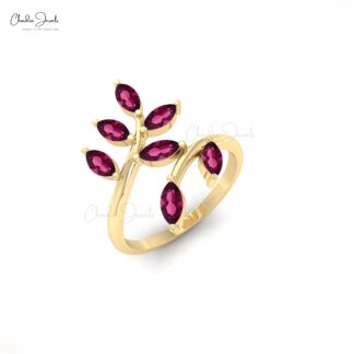 Natural Rhodolite Garnet Leaf Ring In Solid 14k Gold Seven Stone Hallmarked Women Jewelry