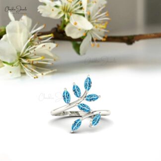 Olive Leaf Style Open Band With 5×2.5mm Swiss Blue Topaz Prong Set In 14k Pure Gold Ring