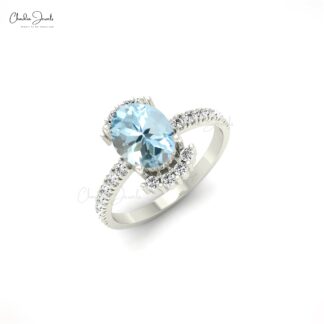Genuine Aquamarine 8x6mm Oval Gemstone With Diamond Half Halo 14k Real Gold Ring