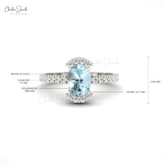 Genuine Aquamarine 8x6mm Oval Gemstone With Diamond Half Halo 14k Real Gold Ring