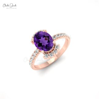 Halo Diamond 14k Solid Gold Ring With 1.34 Ct Oval Amethyst Proposal Ring