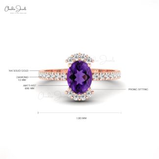 Halo Diamond 14k Solid Gold Ring With 1.34 Ct Oval Amethyst Proposal Ring