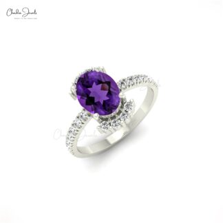 Halo Diamond 14k Solid Gold Ring With 1.34 Ct Oval Amethyst Proposal Ring