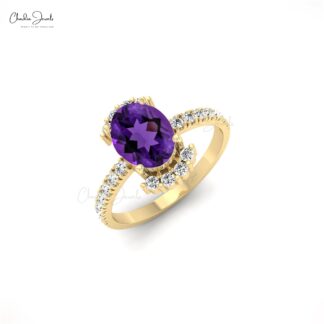 Halo Diamond 14k Solid Gold Ring With 1.34 Ct Oval Amethyst Proposal Ring