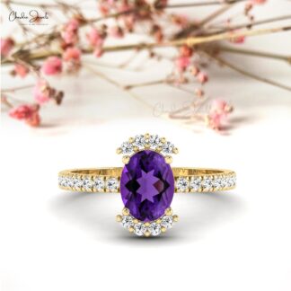 Halo Diamond 14k Solid Gold Ring With 1.34 Ct Oval Amethyst Proposal Ring
