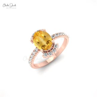 Gemstone Half Halo Ring With 8x6mm Citrine And Pave Diamond Proposal Ring In 14k Gold