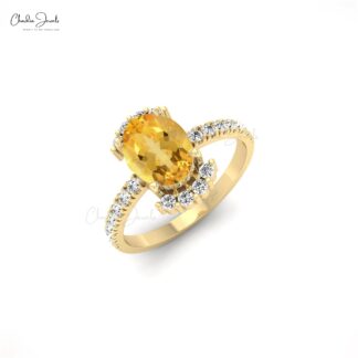 Gemstone Half Halo Ring With 8x6mm Citrine And Pave Diamond Proposal Ring In 14k Gold