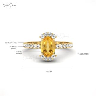 Gemstone Half Halo Ring With 8x6mm Citrine And Pave Diamond Proposal Ring In 14k Gold