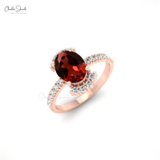 Half Halo Gemstone Ring In 14k Solid Gold Garnet And G-H Diamond Promise Ring