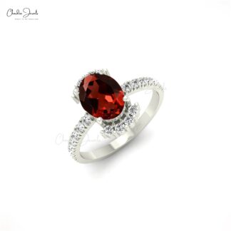 Half Halo Gemstone Ring In 14k Solid Gold Garnet And G-H Diamond Promise Ring