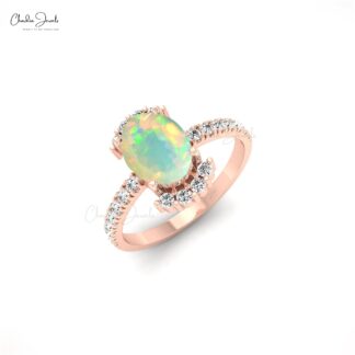 Half Halo Wedding Ring In 14k Solid Gold Fire Opal 1.34 Ct Gemstone And Diamond Ring