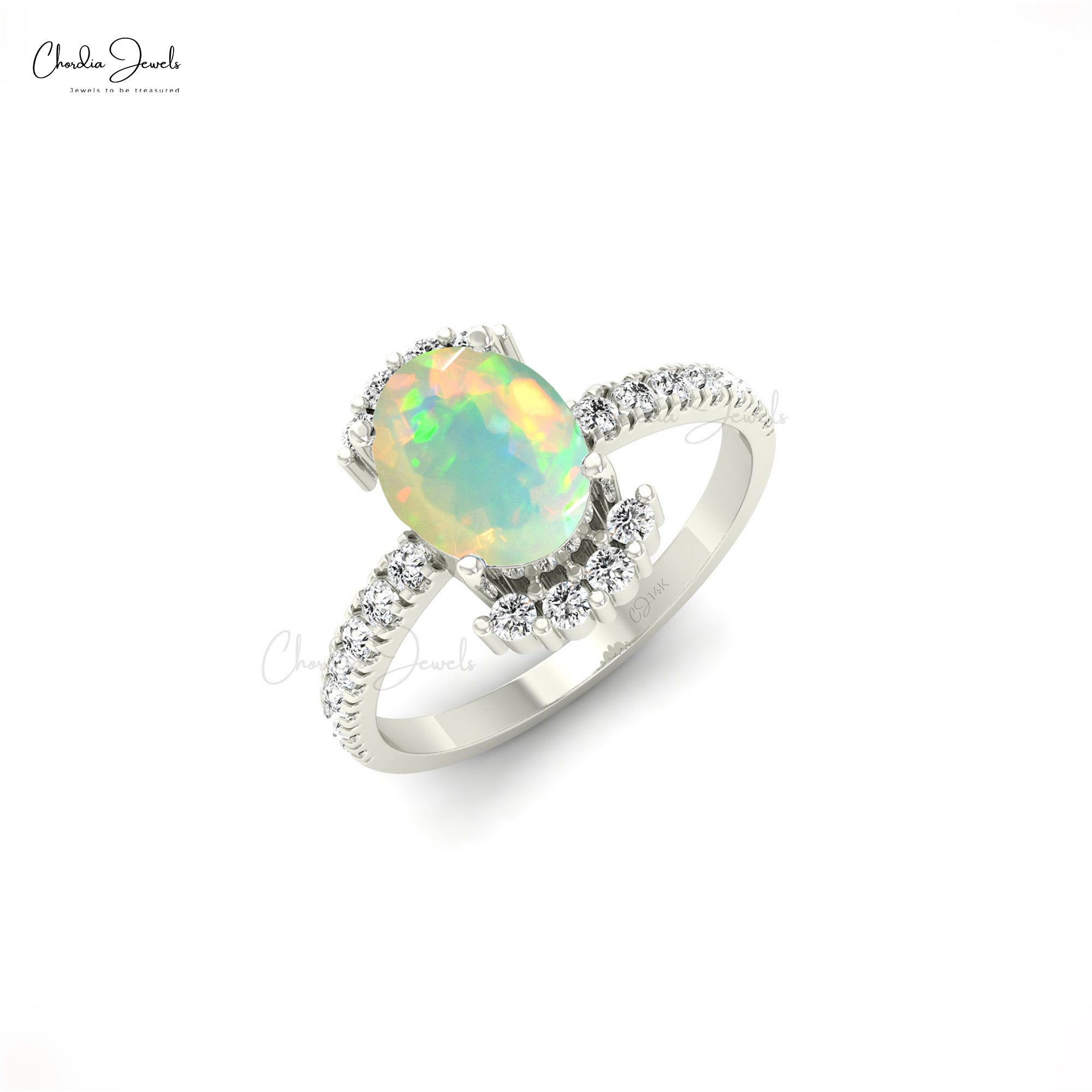 Half Halo Wedding Ring In 14k Solid Gold Fire Opal 1.34 Ct Gemstone And Diamond Ring