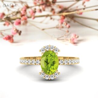 Halfway Diamond Ring In 14k Solid Gold Peridot August Birthstone Engagement Rings