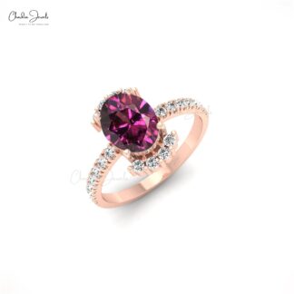 Half Halo Diamond Ring With 1.34 Ct Rhodolite Garnet 14k Solid Gold Wedding Ring