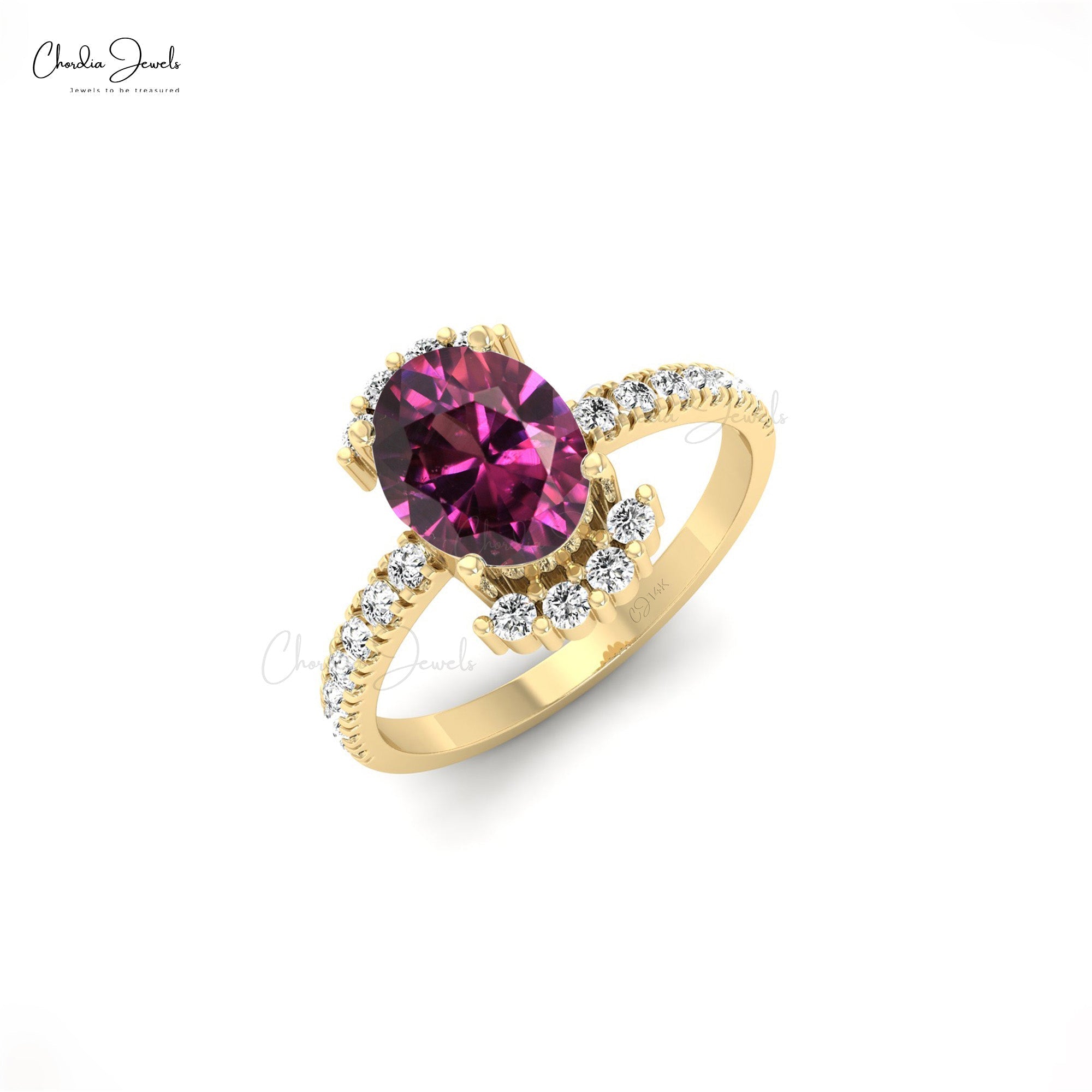 Half Halo Diamond Ring With 1.34 Ct Rhodolite Garnet 14k Solid Gold Wedding Ring