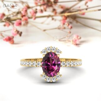Half Halo Diamond Ring With 1.34 Ct Rhodolite Garnet 14k Solid Gold Wedding Ring