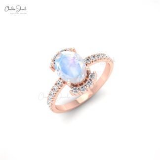 Dual Birthstone Ring In 14k Solid Gold With 1.34ct Oval Moonstone And Diamond Half Halo Ring