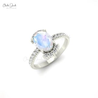 Dual Birthstone Ring In 14k Solid Gold With 1.34ct Oval Moonstone And Diamond Half Halo Ring