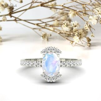 Dual Birthstone Ring In 14k Solid Gold With 1.34ct Oval Moonstone And Diamond Half Halo Ring