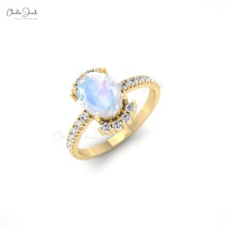 Dual Birthstone Ring In 14k Solid Gold With 1.34ct Oval Moonstone And Diamond Half Halo Ring