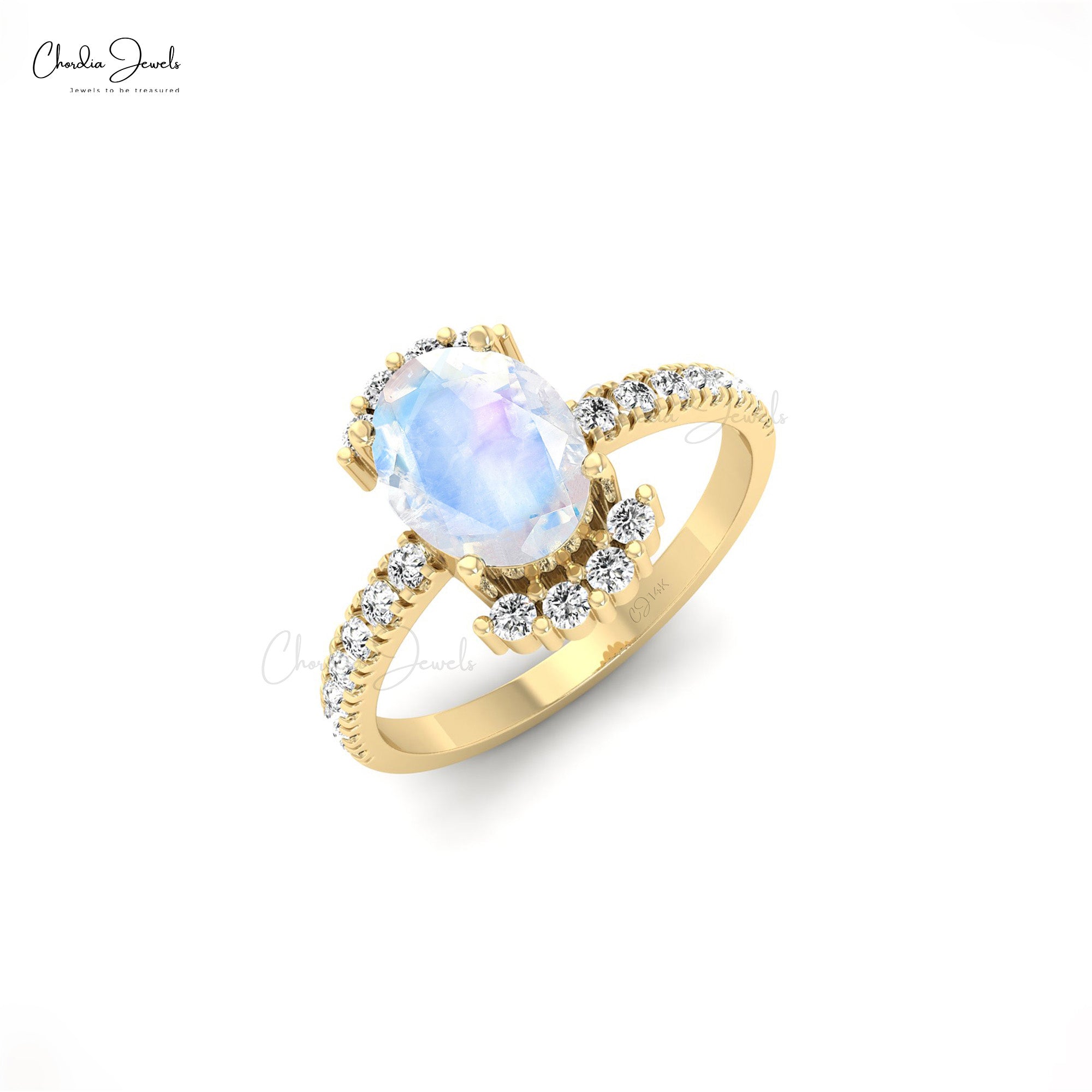 Dual Birthstone Ring In 14k Solid Gold With 1.34ct Oval Moonstone And Diamond Half Halo Ring