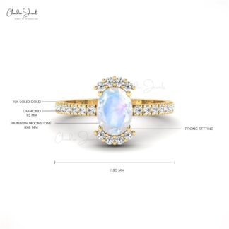 Dual Birthstone Ring In 14k Solid Gold With 1.34ct Oval Moonstone And Diamond Half Halo Ring