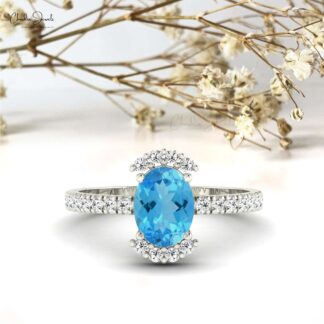 Half Halo Swiss Blue Topaz 1.36 Ct Oval Gemstone And Diamond 14k Real Gold Ring