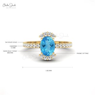 Half Halo Swiss Blue Topaz 1.36 Ct Oval Gemstone And Diamond 14k Real Gold Ring