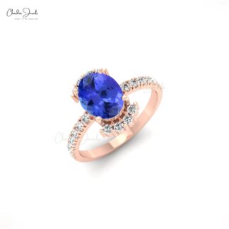 Oval Half Halo Ring With 8x6mm Tanzanite And Pave Diamond Wedding Ring In 14k Real Gold