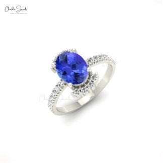 Oval Half Halo Ring With 8x6mm Tanzanite And Pave Diamond Wedding Ring In 14k Real Gold
