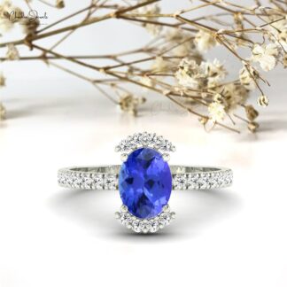 Oval Half Halo Ring With 8x6mm Tanzanite And Pave Diamond Wedding Ring In 14k Real Gold