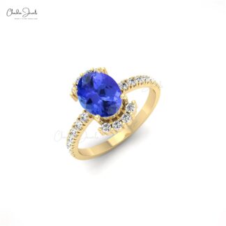 Oval Half Halo Ring With 8x6mm Tanzanite And Pave Diamond Wedding Ring In 14k Real Gold