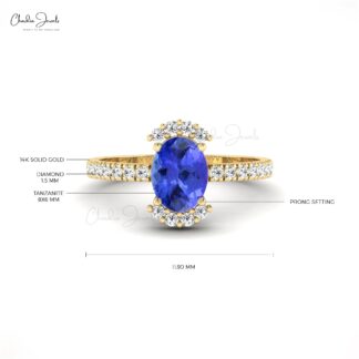 Oval Half Halo Ring With 8x6mm Tanzanite And Pave Diamond Wedding Ring In 14k Real Gold