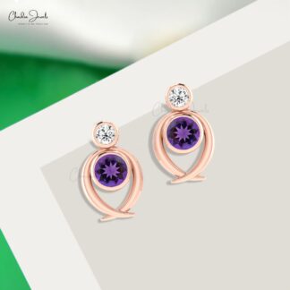 Natural Amethyst 2 Stone Stud Earrings In 14k Pure Gold Diamond Bezel Set Hallmark Jewelry