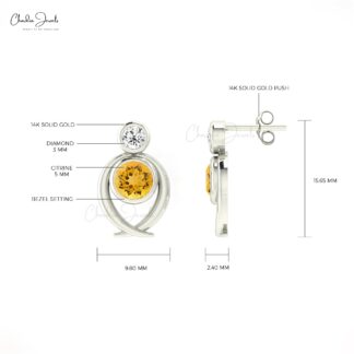 Dual Stone Bezel Set Studs With 5mm Citrine And Diamond Accents In 14k Solid Gold Earrings