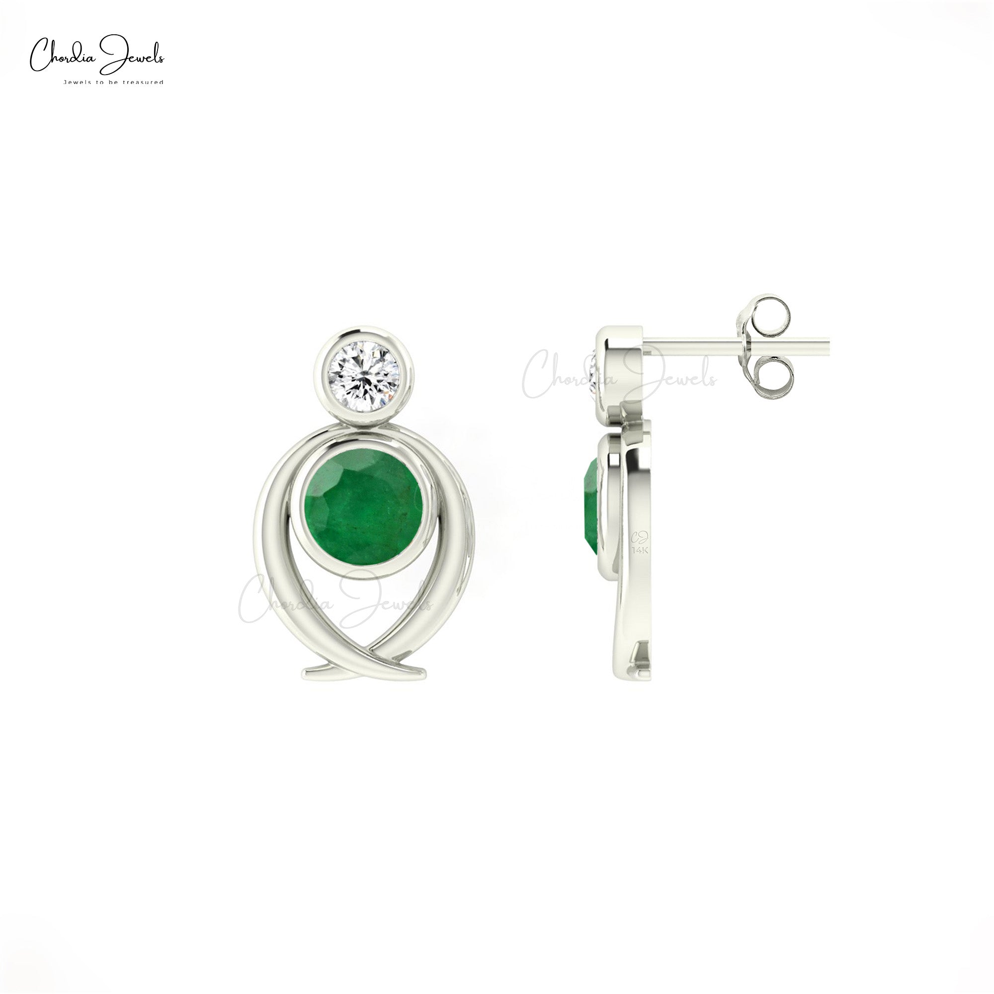 Natural Emerald & Diamond 2-Stone Stud Earrings In Solid 14k Gold