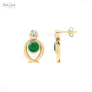 Natural Emerald & Diamond 2-Stone Stud Earrings In Solid 14k Gold