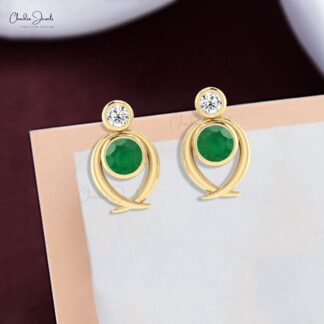 Natural Emerald & Diamond 2-Stone Stud Earrings In Solid 14k Gold