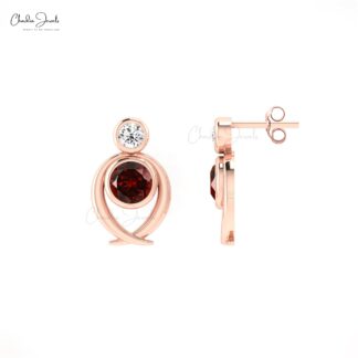 Genuine Diamond & Garnet Brilliant Round Cut Push Back Studs in 14k Solid Gold Jewelry