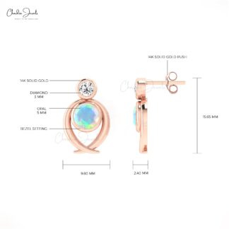 Diamond Accented Bezel Set Earrings with 5mm Fire Opal Two Stone Studs In 14k Solid Gold
