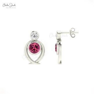 Natural Pink Tourmaline 2 Stone Studs Earrings in 14k Solid Gold