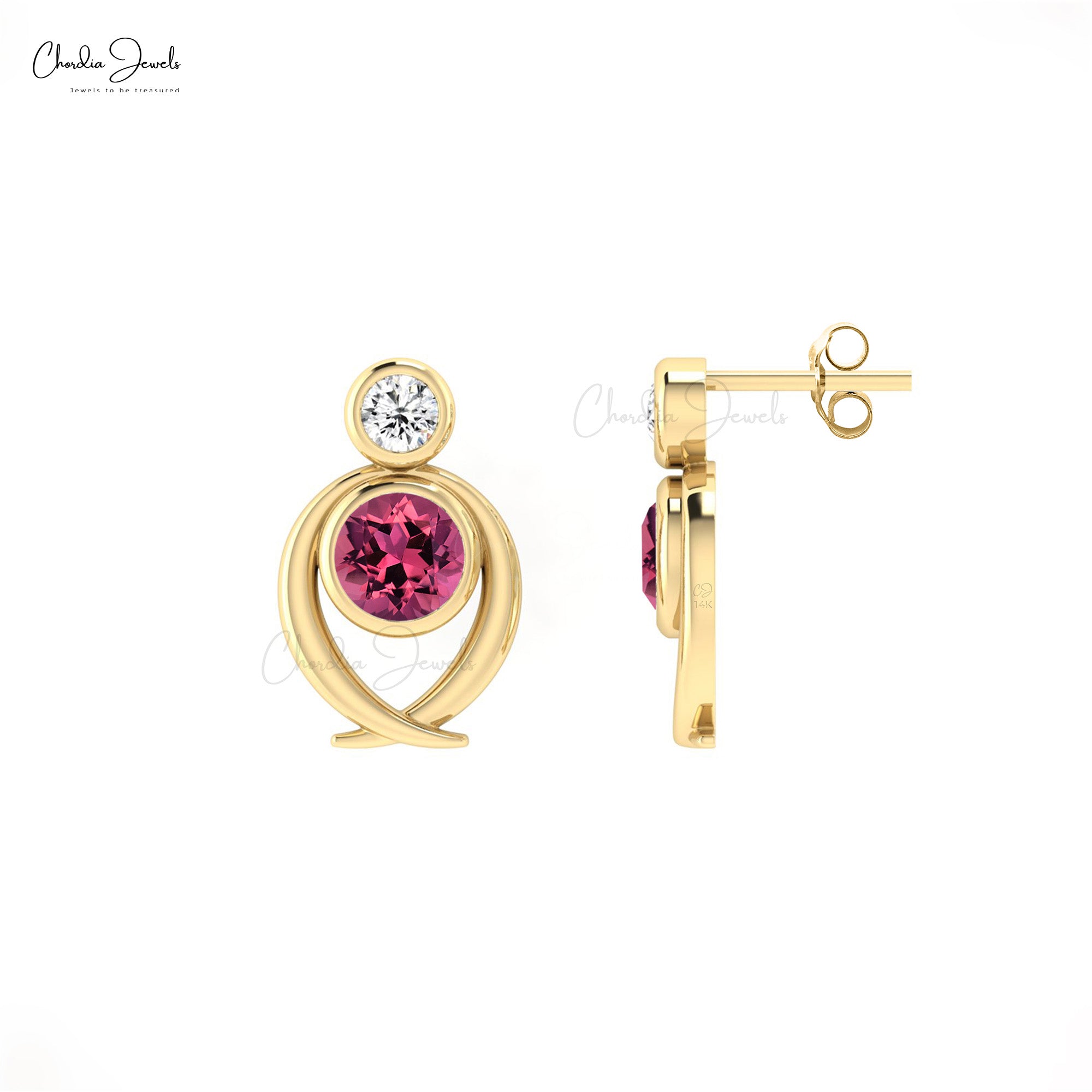 Natural Pink Tourmaline 2 Stone Studs Earrings in 14k Solid Gold