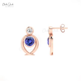 Natural Tanzanite & Diamond Earrings in 14k Solid Gold 2-Stone Stud Earrings Fine Jewelry